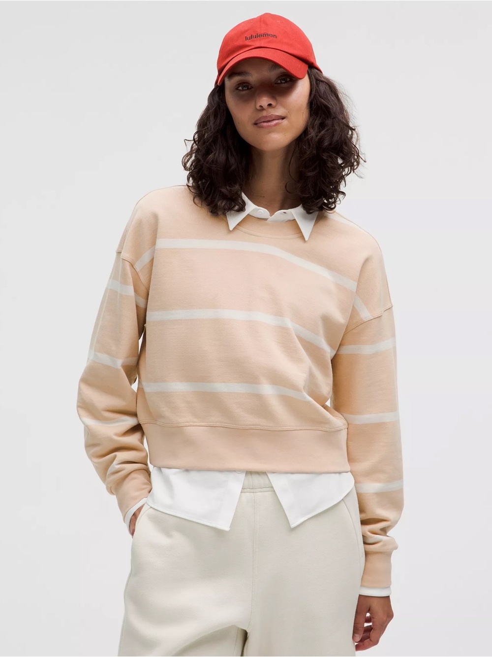 Lululemon Perfectly Oversized Cropped Crew in Stripe Cafe Au Lait White Opal
